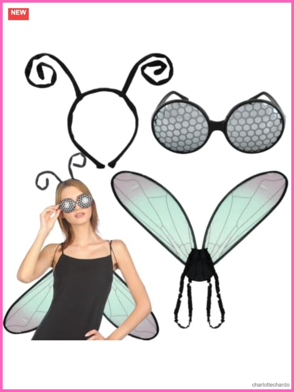 Fly Bug Costume Accessory Set Wings Antenna Headband Glasses Halloween Cosplay